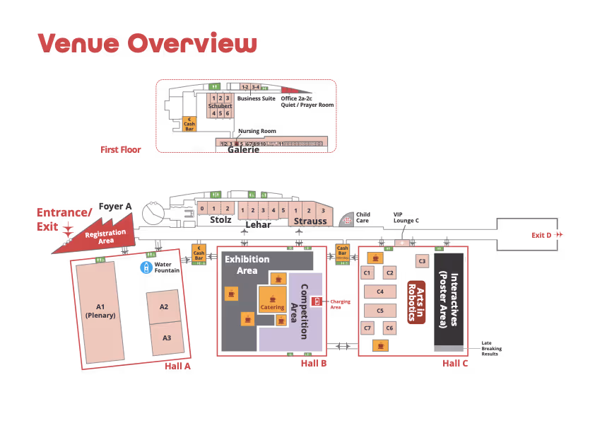 VIECON conference level. Hall A is the Congress Center for keynotes and orals. Hall B is the Exhibition. Hall C has posters and stages.